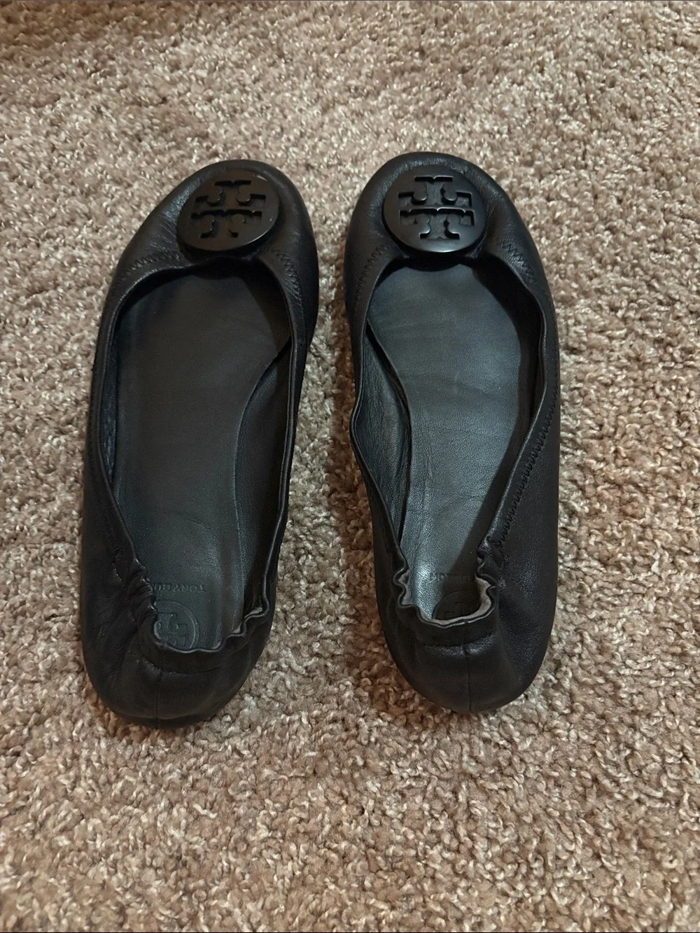 Tory Burch Black Leather Logo Ballet Flats